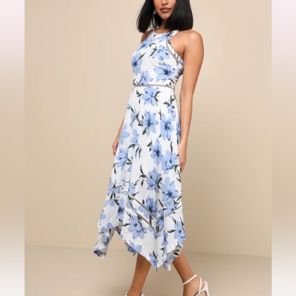 Lulus Zahara Blue and White Floral Print Midi Dress